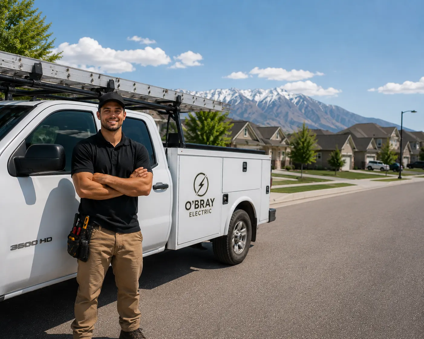 O'Bray Electric master electrician with service truck in a Utah neighborhood